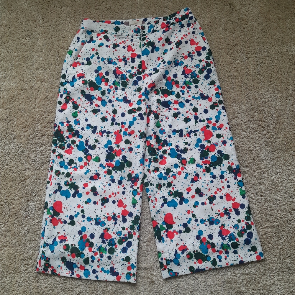 Ted Baker London White Cropped Wide-Leg Pants with Multicolor Spot Print